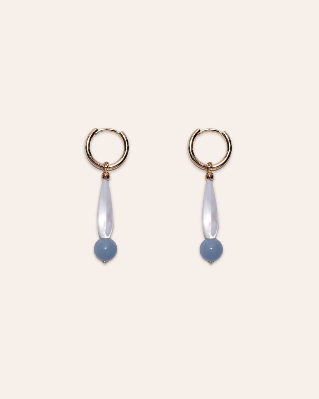 Hoop & Drop earrings featuing mother of pearl and angelite.