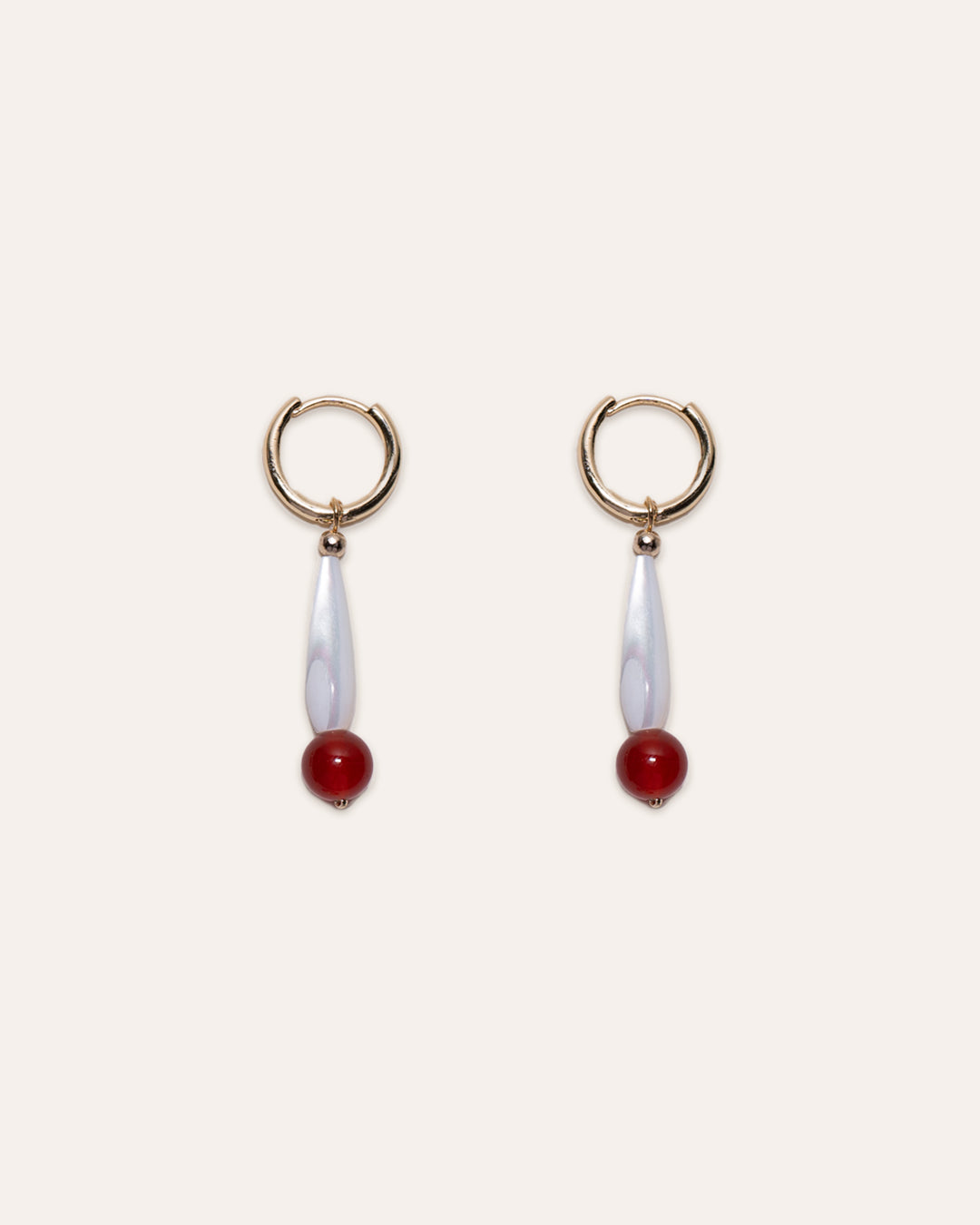 Hoop & Drop Earrings featuring mother of pearl and red agate.