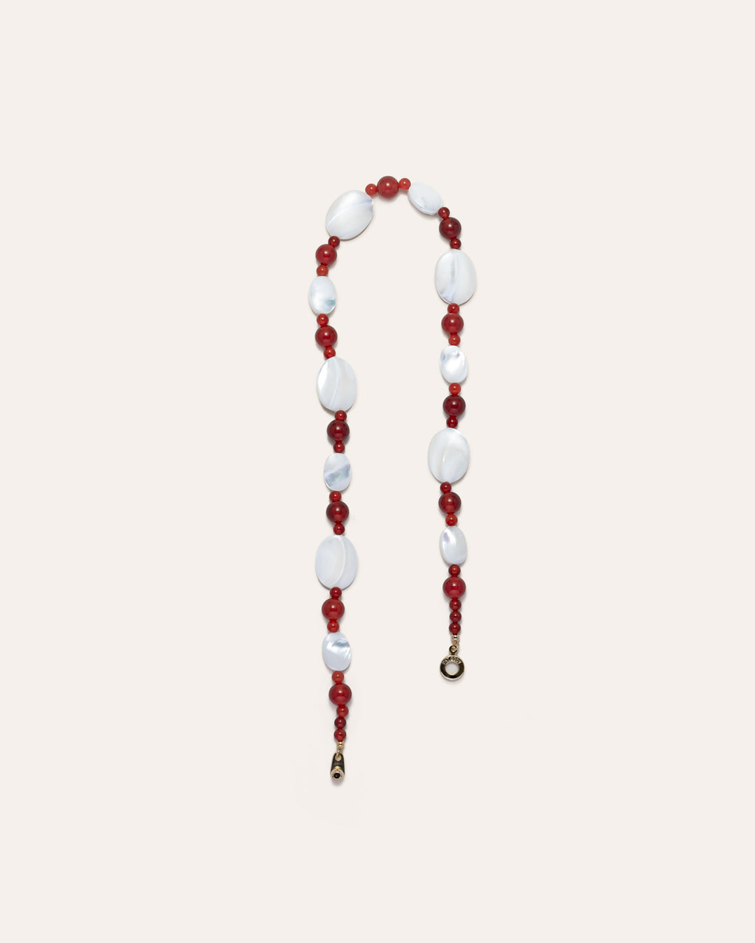 Mother of Pearl and Red Agate Sonata Moonlit Necklace, delicate jewelry piece, showcasing natural stones, elegant accessory, versatile style statement.