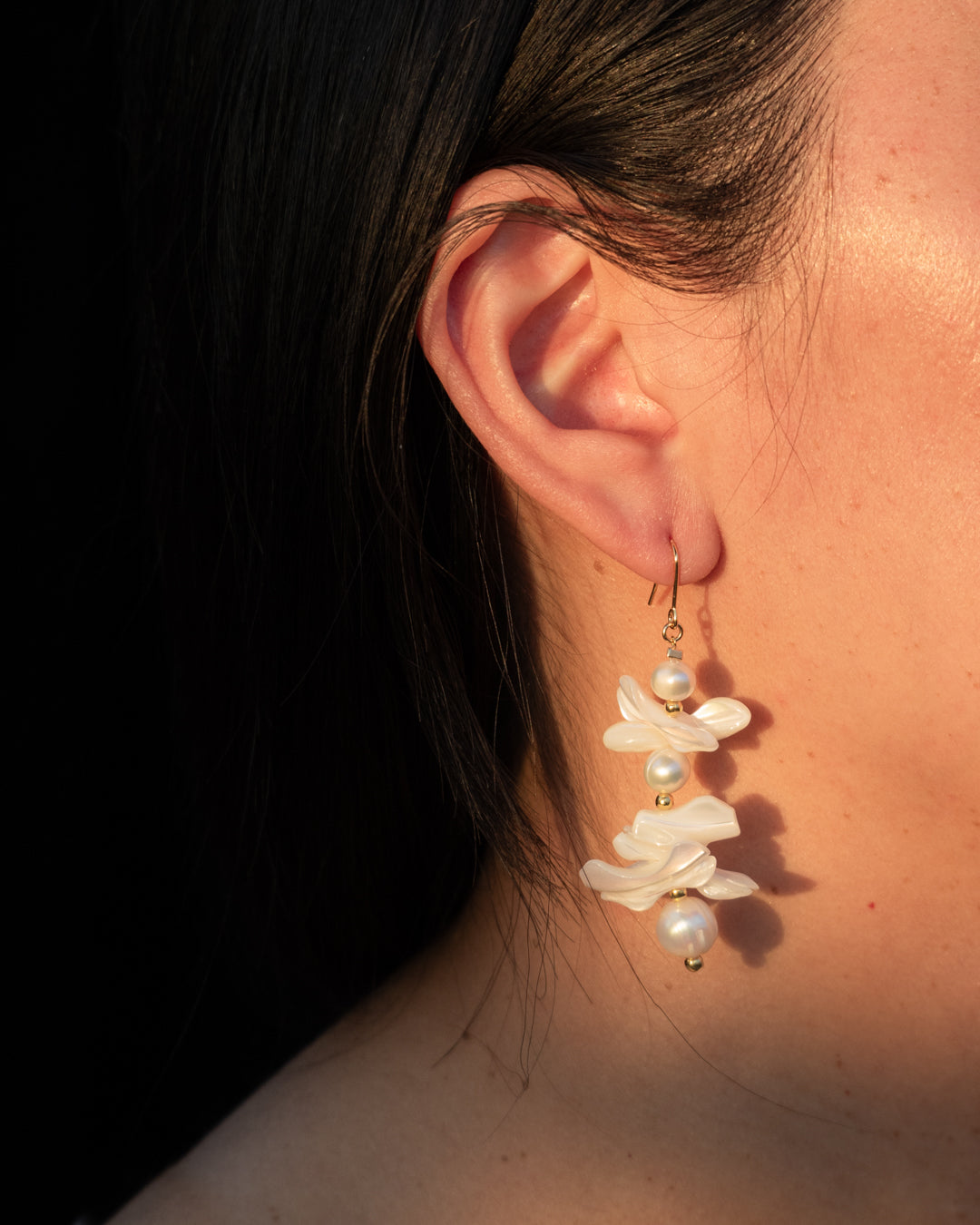 Stylish Tides Earrings: Gold vermeil beads, freshwater pearl and mother of pearl(MOP) shells as accent stones, perfect for casual wear or everyday style.