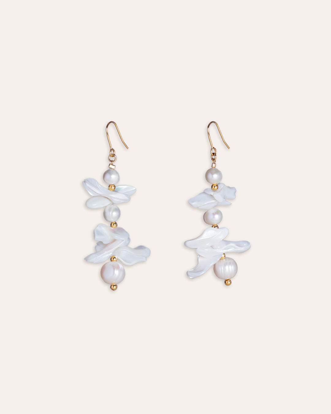 Tides Earrings - Gold Vermeil Balls, Freshwater Pearls, and Mother of Pearl (MOP) design showcasing a luxurious seashell-inspired jewelry.