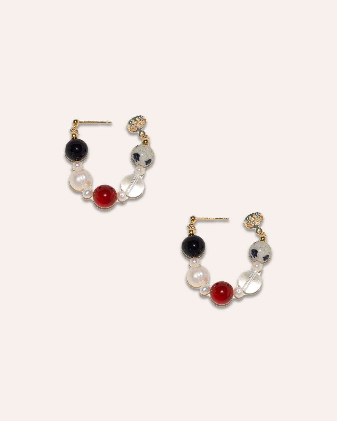 Boba earrings, a colorful combination of onyx, red agate, freshwater pearl, clear quartz and Dalmatian jasper, cute and playful.