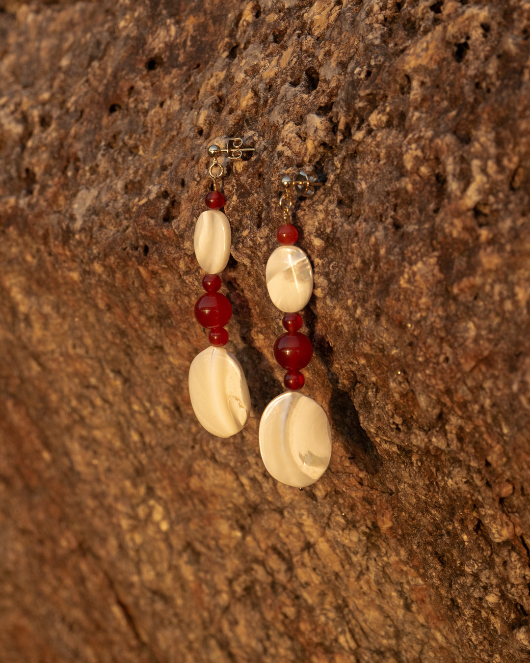 Moonlit Earrings: Red Agate and Mother of Pearl Dangle Earrings, handcrafted jewelry for women.