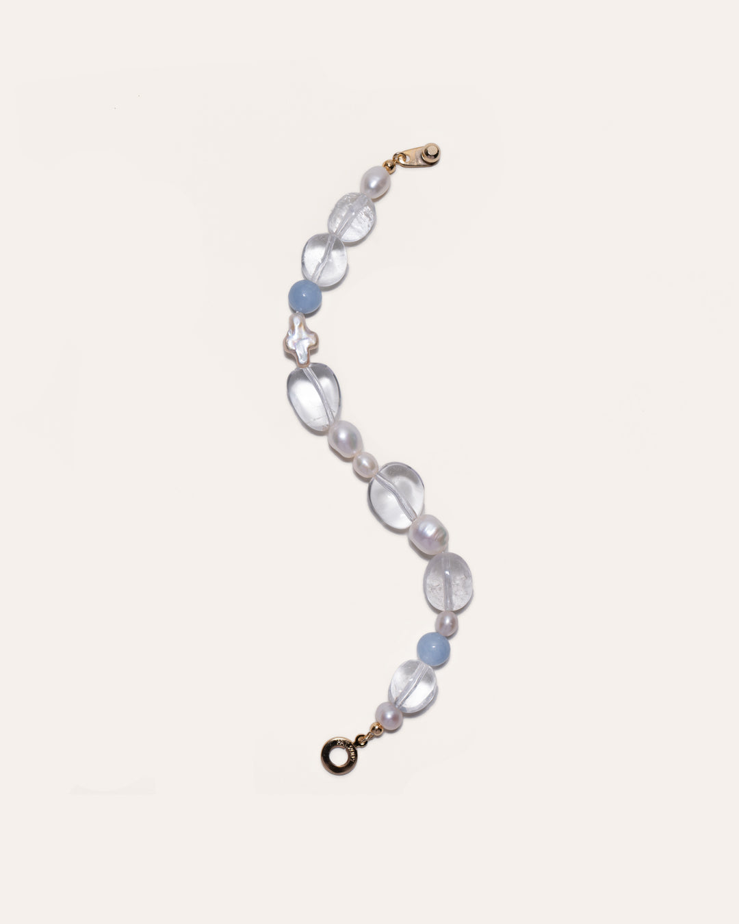 Clear Things bracelet featuring pearl cross, freshwater pearls, clear quartz, and angelite.
