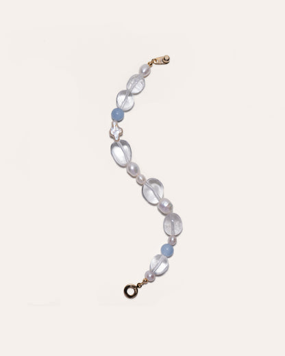Clear Things bracelet featuring pearl cross, freshwater pearls, clear quartz, and angelite.
