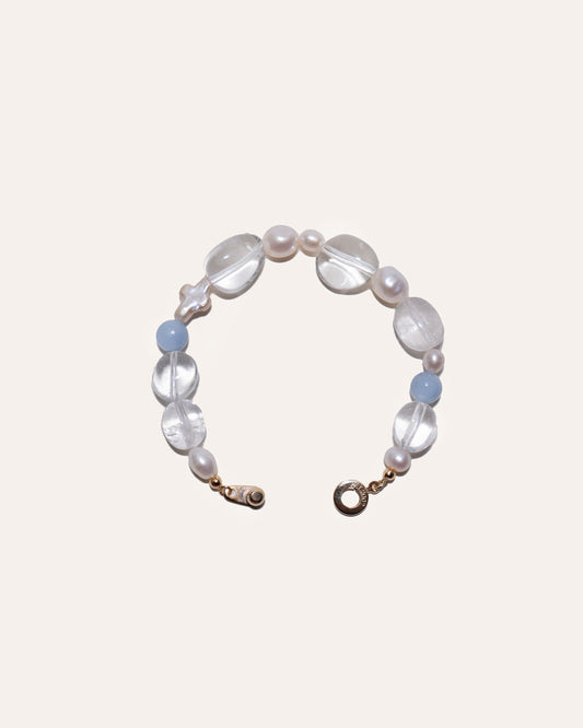Clear Things bracelet featuring pearl cross, freshwater pearls, clear quartz, and angelite.