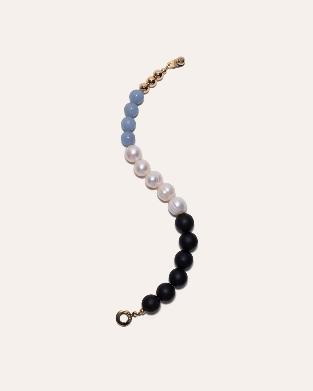 Drift West bracelet with gold beads, angelite, freshwater pearls, wooden beads.