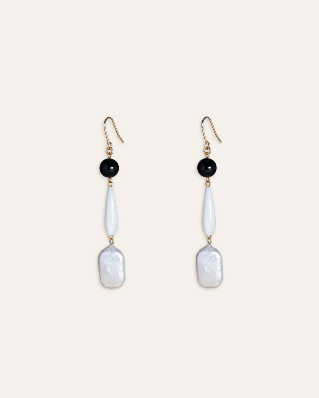 Elegant Furin Earrings, freshwater baroque pearl and mother of pearl (MOP) embellished with onyx beads, sophisticated accessory.