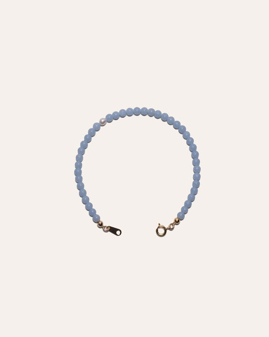 Gem & One bracelet featuring angelite and freshwater pearl beads.