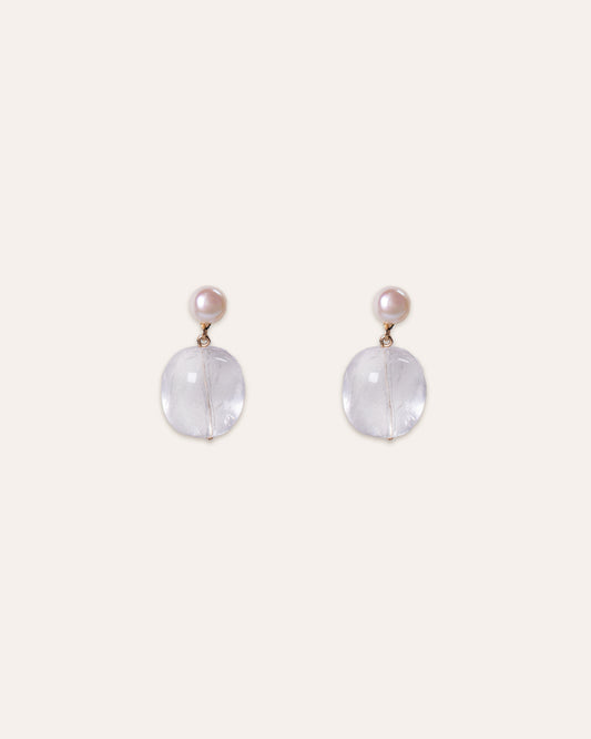 Glacial earrings featuring freshwater pearls and clear quartz beads.