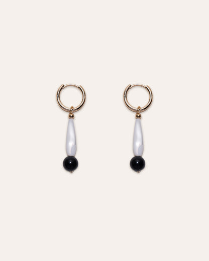 Hoop & Drop Earrings featuring mother of pearl and black onyx.