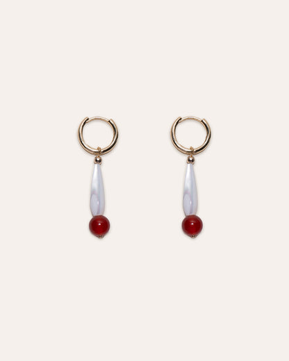 Hoop & Drop Earrings featuring mother of pearl and red agate.