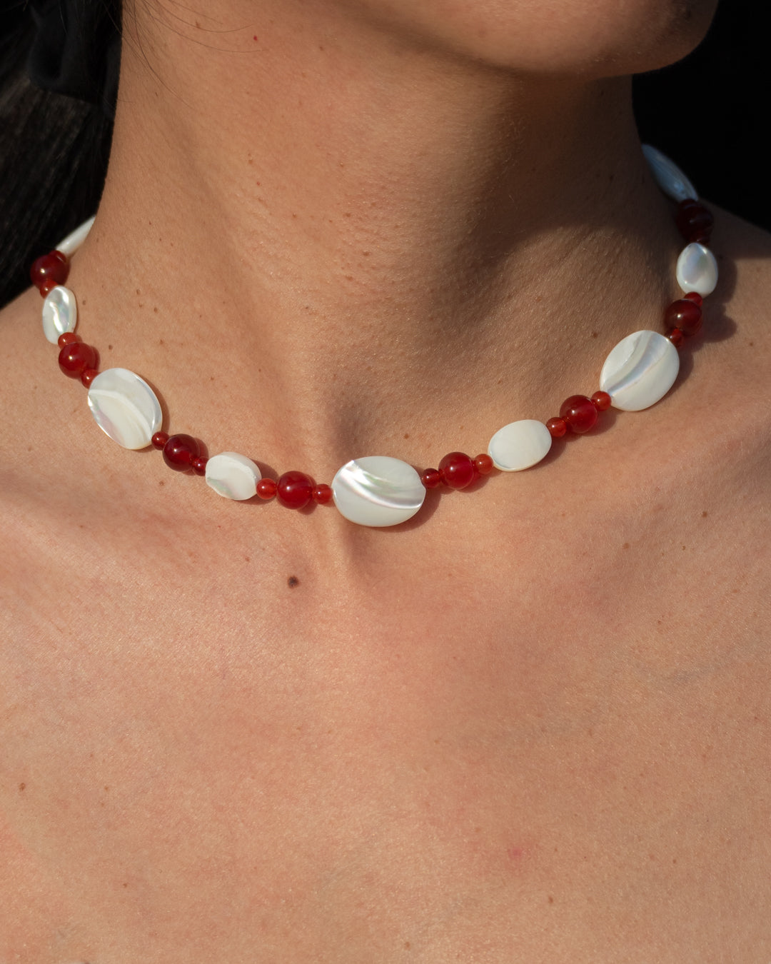 Mother of pearl and red stone necklace for women, Sonata Moonlit, fashion accessory