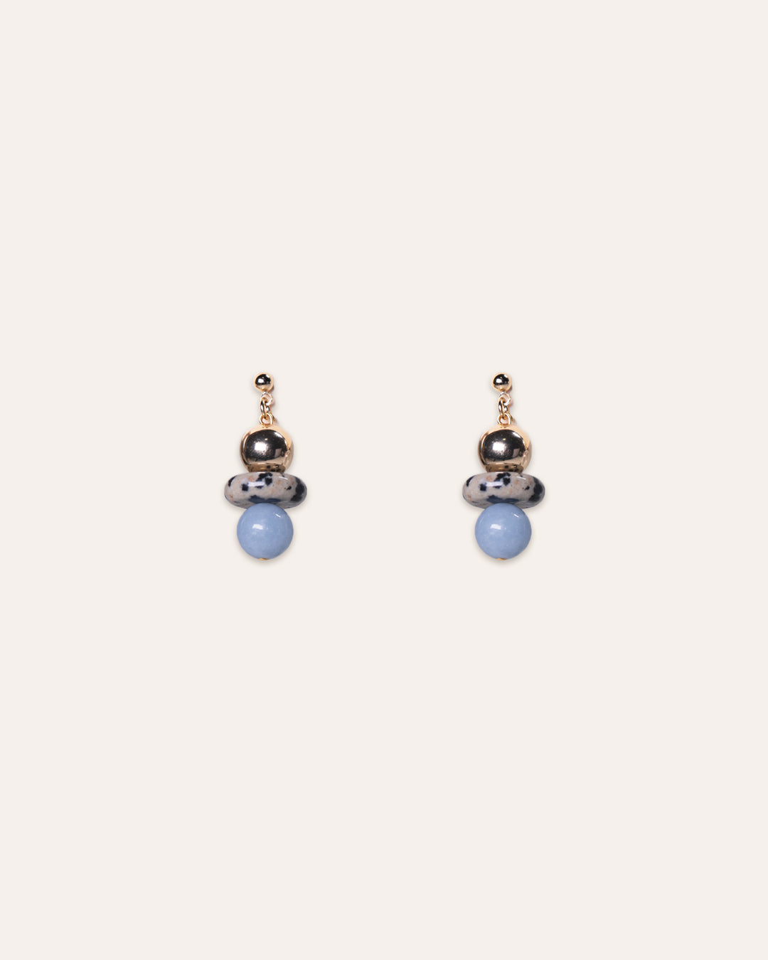 Stella earrings in Dalmatian featuring dalmatian jasper, gold beads and angelite.