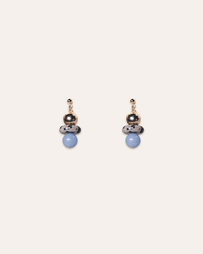 Stella earrings in Dalmatian featuring dalmatian jasper, gold beads and angelite.