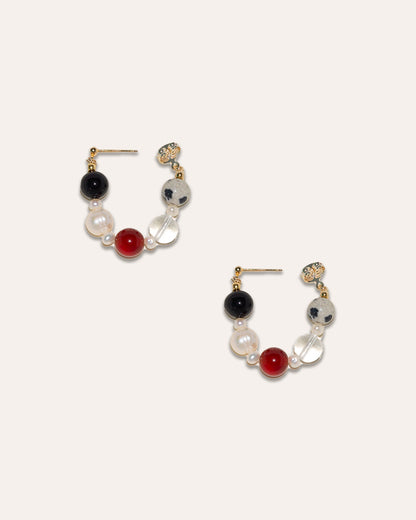 Boba earrings, a colorful combination of onyx, red agate, freshwater pearl, clear quartz and Dalmatian jasper, cute and playful.