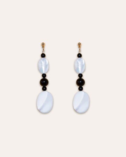 Studio shot of Moonlit Earrings Onyx - Mother Of Pearl (MOP) and Onyx beads.